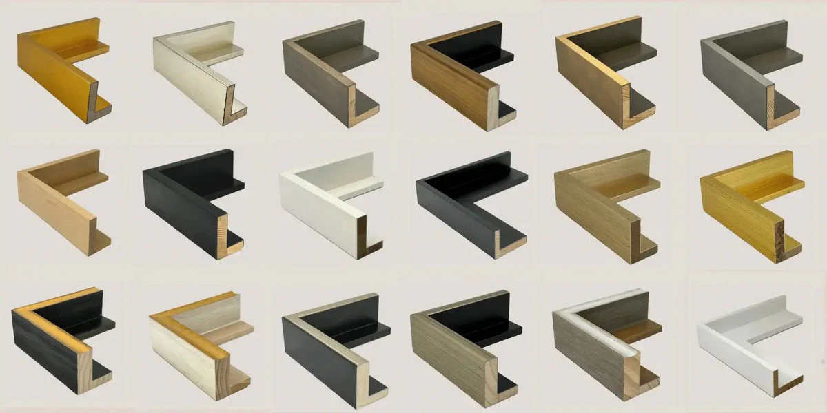 A collection of floating frame corner samples in various colours and finishes