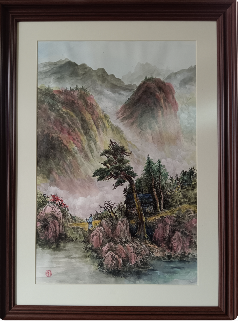Landscape painting in a traditional frame with cream mat board
